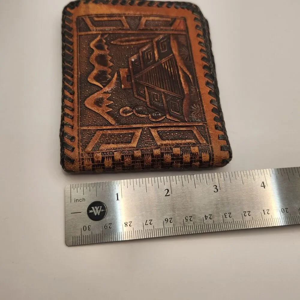 Vintage Hand Tooled Genuine Leather Bifold Wallet Mexico Brown Black